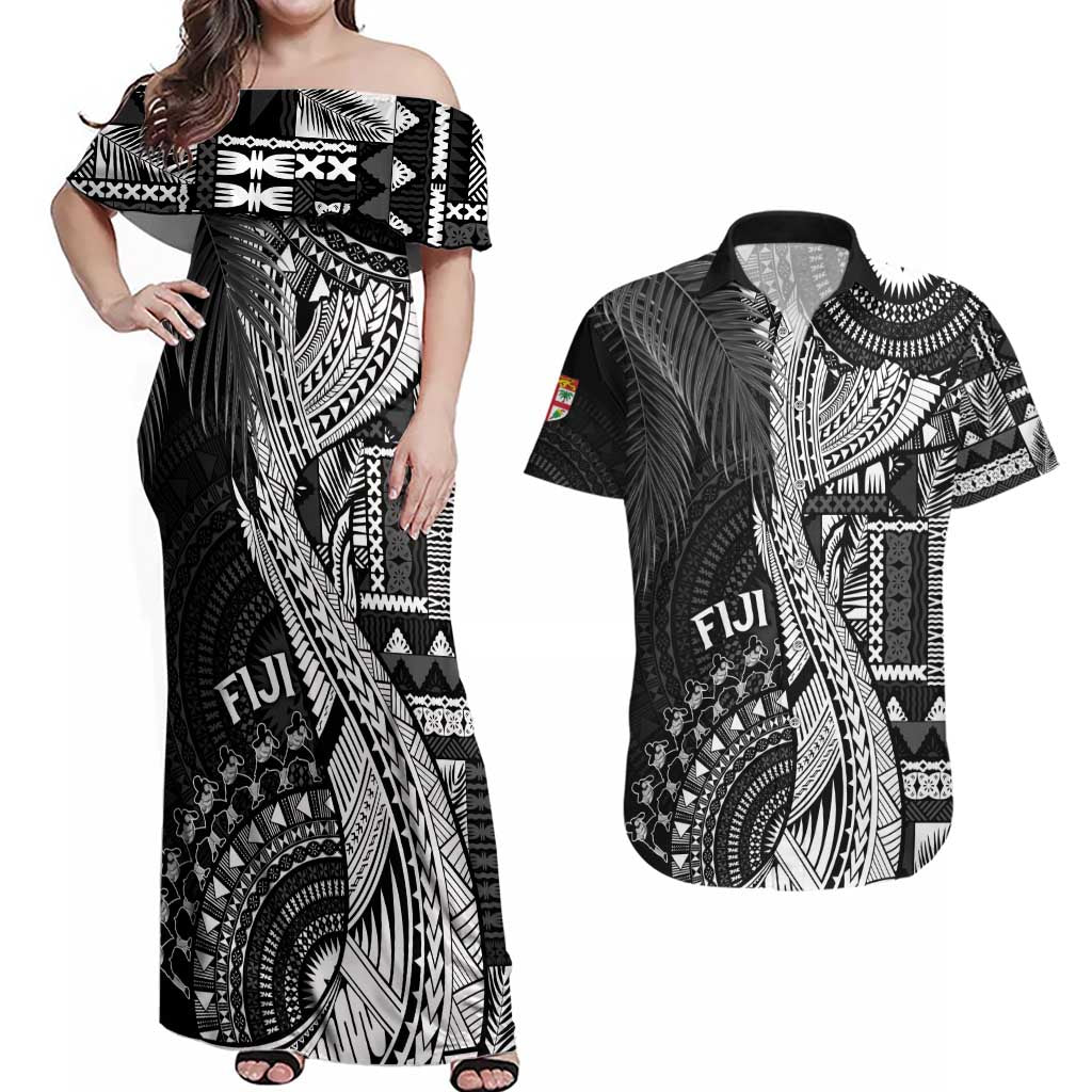 Fiji Rugby Personalised Bula Masi Couples Matching Off Shoulder Maxi Dress and Hawaiian Shirt Fish Tail Kaivity Cibi - Black