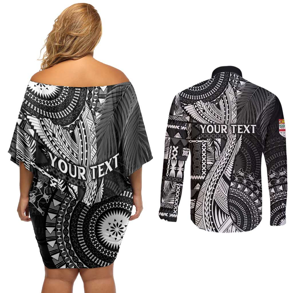 Fiji Rugby Personalised Bula Masi Couples Matching Off Shoulder Short Dress and Long Sleeve Button Shirt Fish Tail Kaivity Cibi - Black