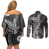 Fiji Rugby Personalised Bula Masi Couples Matching Off Shoulder Short Dress and Long Sleeve Button Shirt Fish Tail Kaivity Cibi - Black