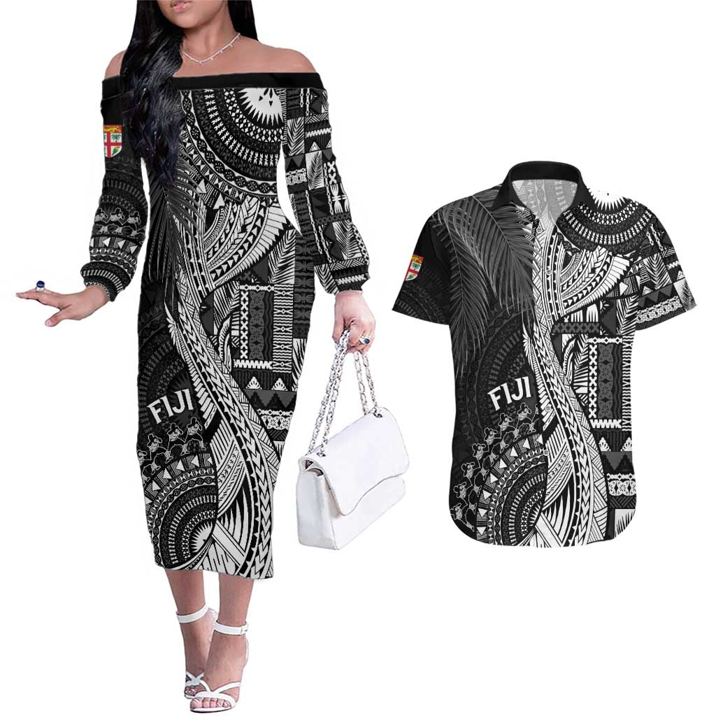 Fiji Rugby Personalised Bula Masi Couples Matching Off The Shoulder Long Sleeve Dress and Hawaiian Shirt Fish Tail Kaivity Cibi - Black