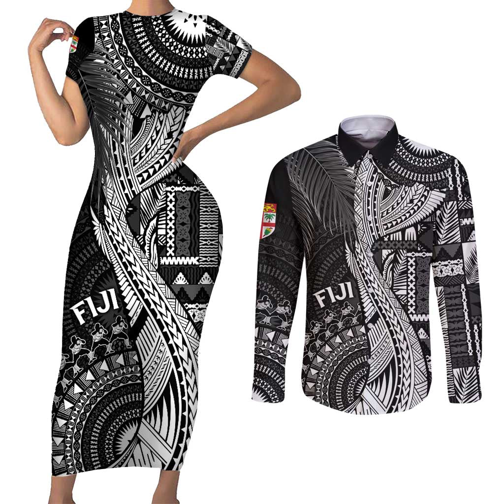 Fiji Rugby Personalised Bula Masi Couples Matching Short Sleeve Bodycon Dress and Long Sleeve Button Shirt Fish Tail Kaivity Cibi - Black