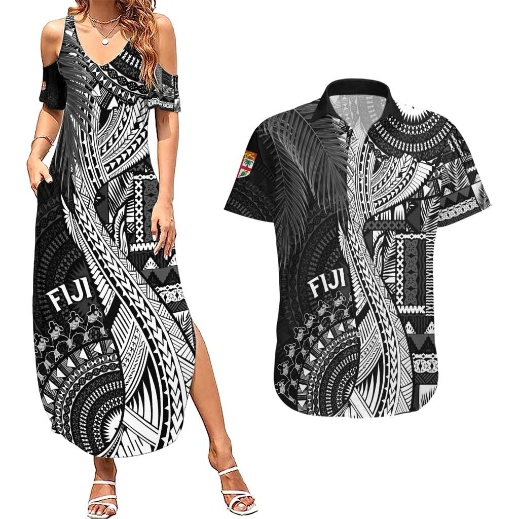 Fiji Rugby Personalised Bula Masi Couples Matching Summer Maxi Dress and Hawaiian Shirt Fish Tail Kaivity Cibi - Black