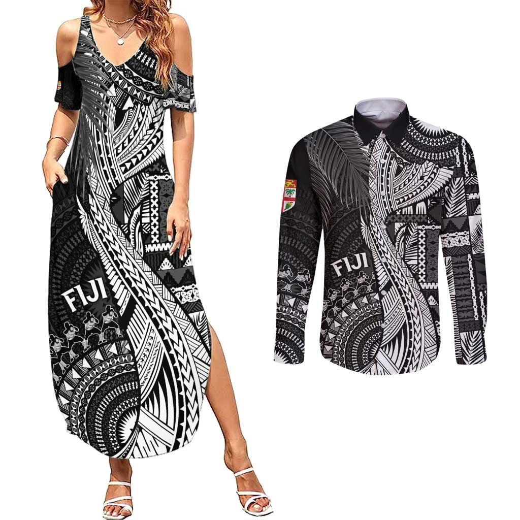 Fiji Rugby Personalised Bula Masi Couples Matching Summer Maxi Dress and Long Sleeve Button Shirt Fish Tail Kaivity Cibi - Black