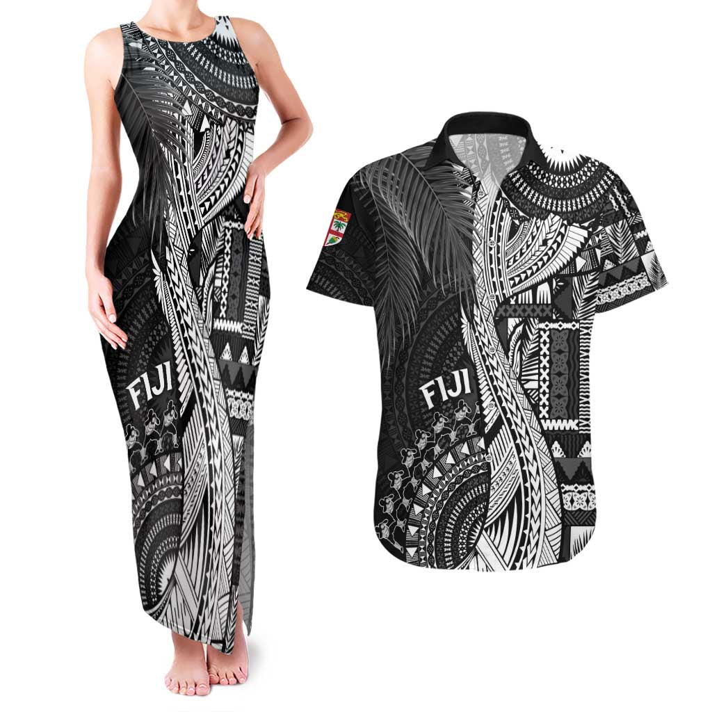 Fiji Rugby Personalised Bula Masi Couples Matching Tank Maxi Dress and Hawaiian Shirt Fish Tail Kaivity Cibi - Black