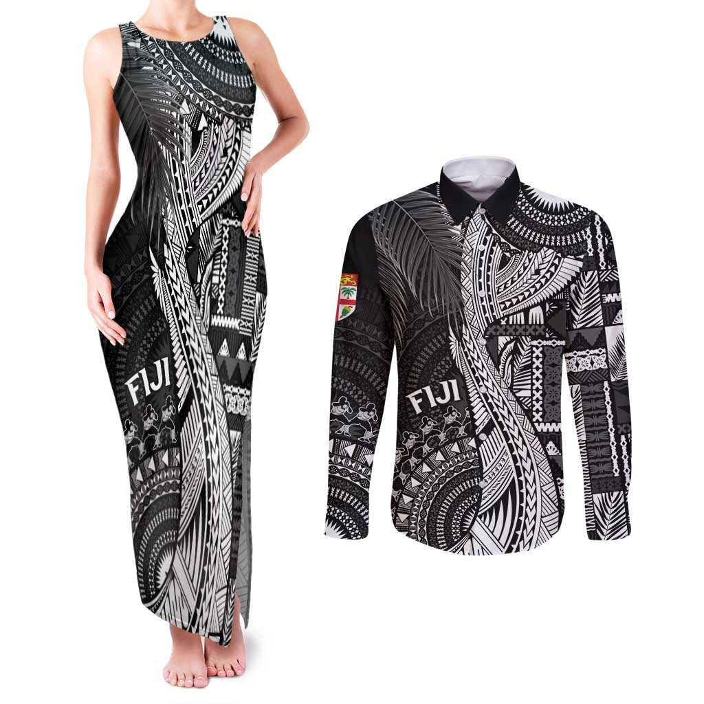 Fiji Rugby Personalised Bula Masi Couples Matching Tank Maxi Dress and Long Sleeve Button Shirt Fish Tail Kaivity Cibi - Black