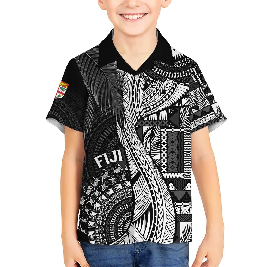 Fiji Rugby Personalised Bula Masi Kid Hawaiian Shirt Fish Tail Kaivity Cibi - Black