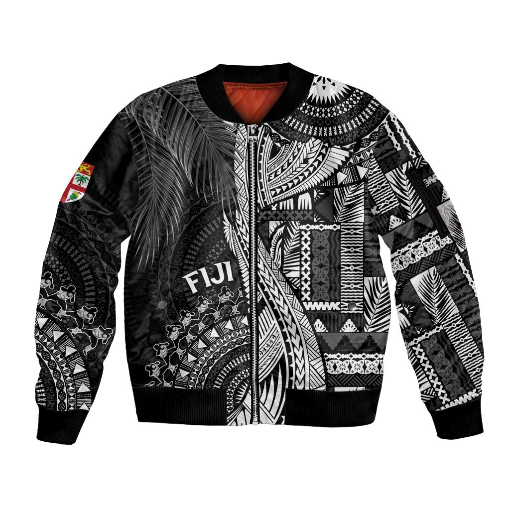 Fiji Rugby Personalised Bula Masi Sleeve Zip Bomber Jacket Fish Tail Kaivity Cibi - Black