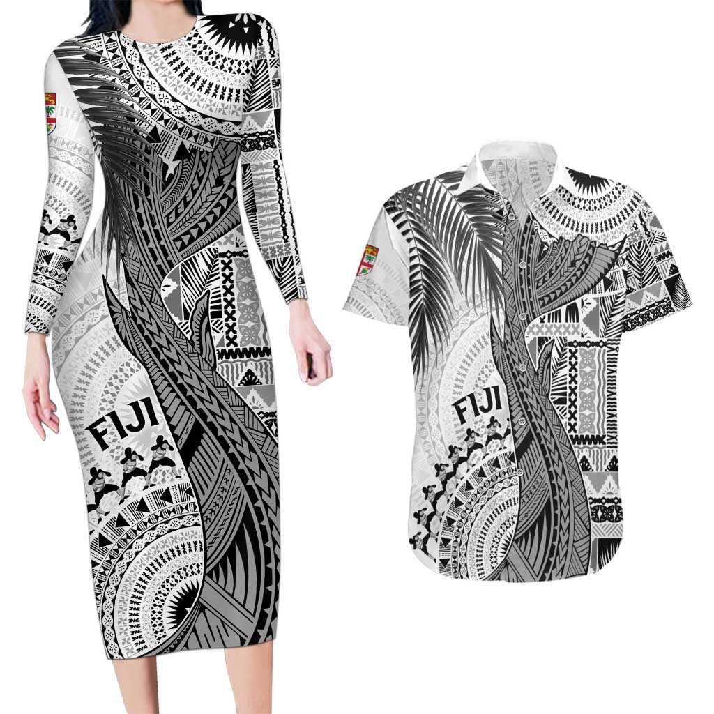 Fiji Rugby Personalised Bula Masi Couples Matching Long Sleeve Bodycon Dress and Hawaiian Shirt Fish Tail Kaivity Cibi - White