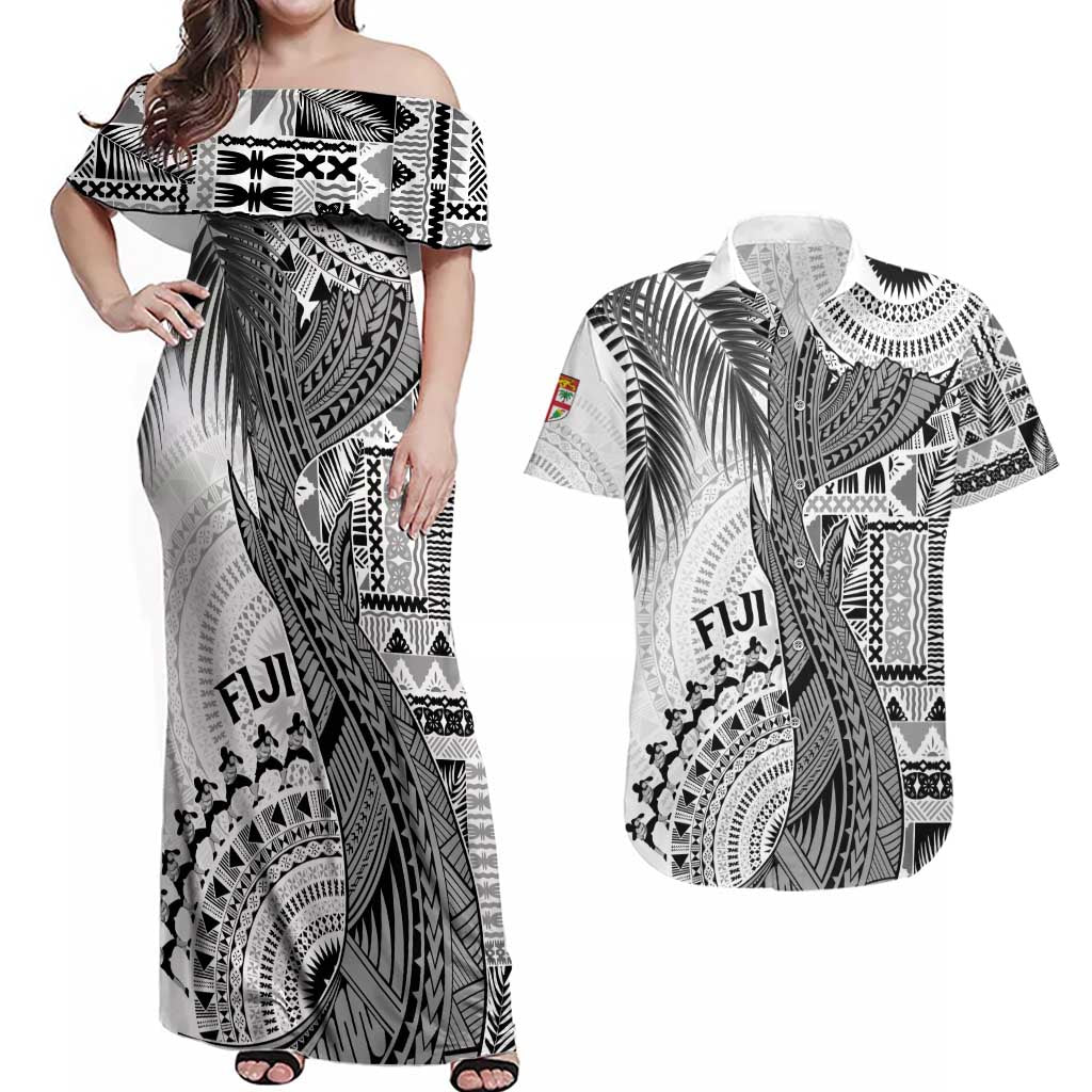 Fiji Rugby Personalised Bula Masi Couples Matching Off Shoulder Maxi Dress and Hawaiian Shirt Fish Tail Kaivity Cibi - White