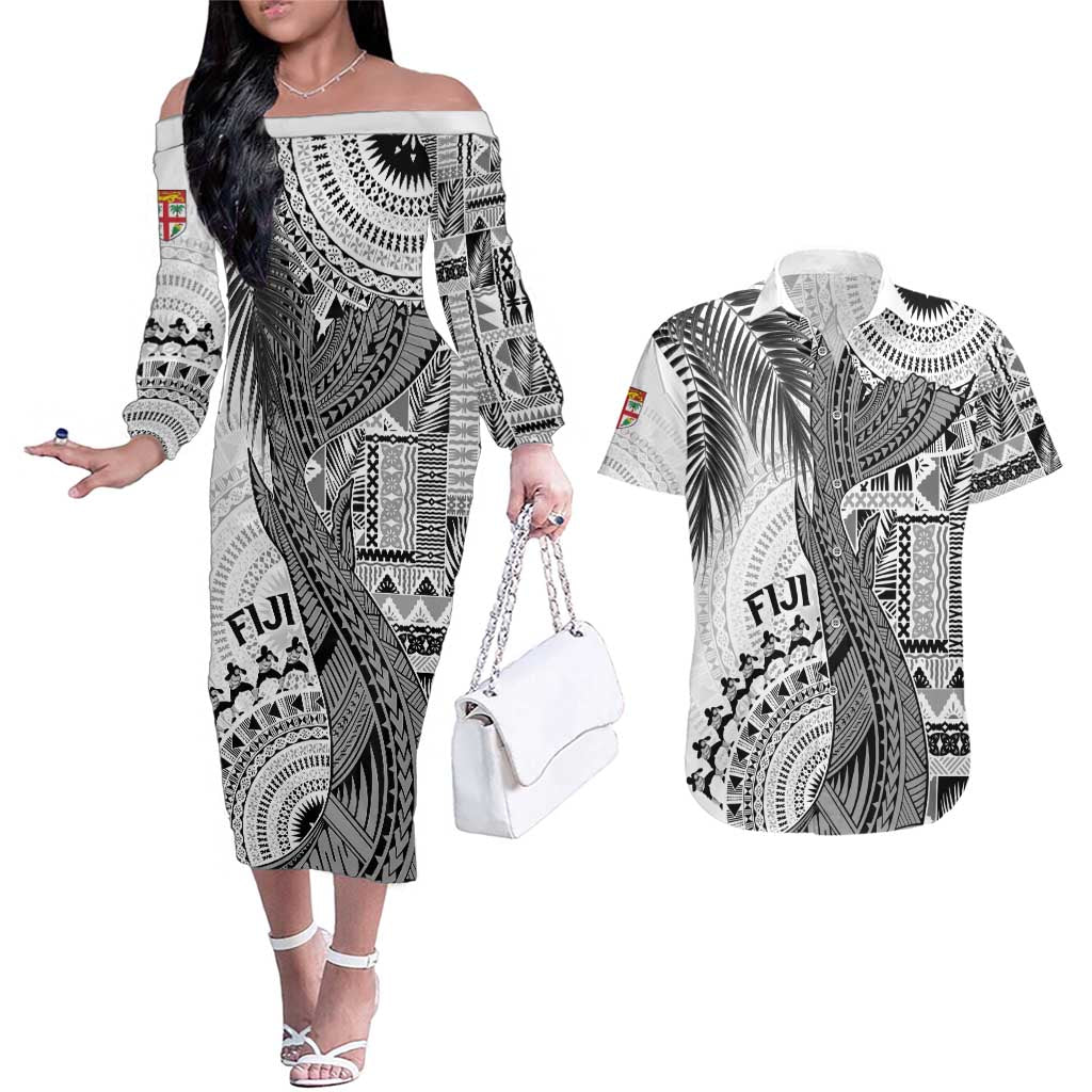 Fiji Rugby Personalised Bula Masi Couples Matching Off The Shoulder Long Sleeve Dress and Hawaiian Shirt Fish Tail Kaivity Cibi - White