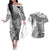 Fiji Rugby Personalised Bula Masi Couples Matching Off The Shoulder Long Sleeve Dress and Hawaiian Shirt Fish Tail Kaivity Cibi - White