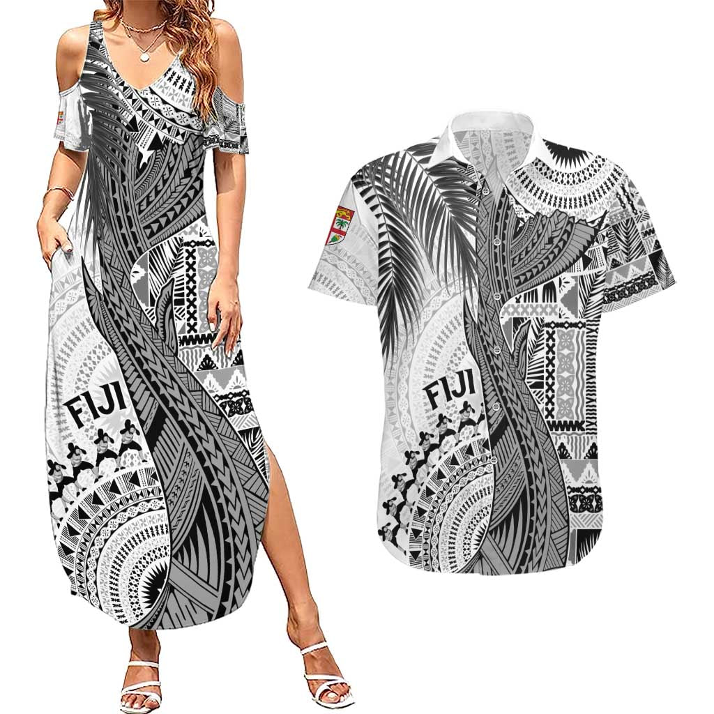 Fiji Rugby Personalised Bula Masi Couples Matching Summer Maxi Dress and Hawaiian Shirt Fish Tail Kaivity Cibi - White