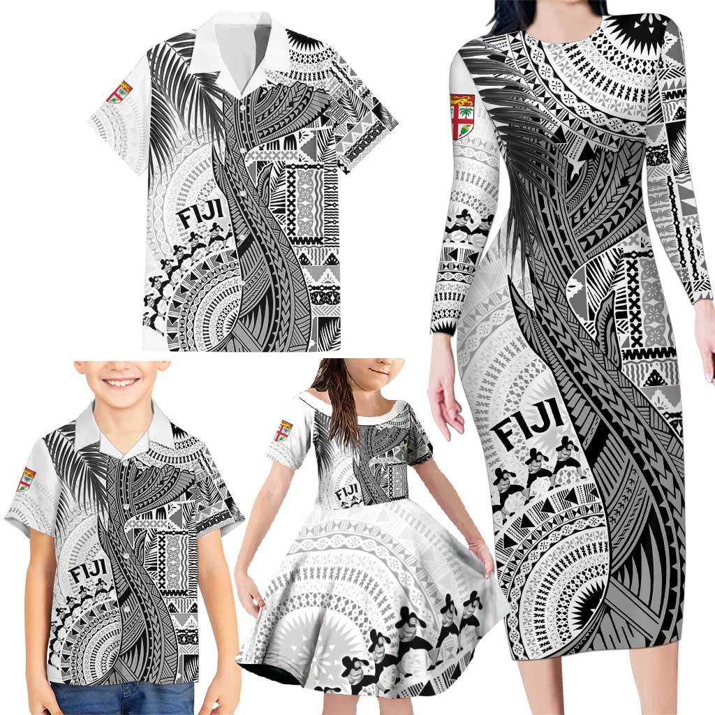 Fiji Rugby Personalised Bula Masi Family Matching Long Sleeve Bodycon Dress and Hawaiian Shirt Fish Tail Kaivity Cibi - White