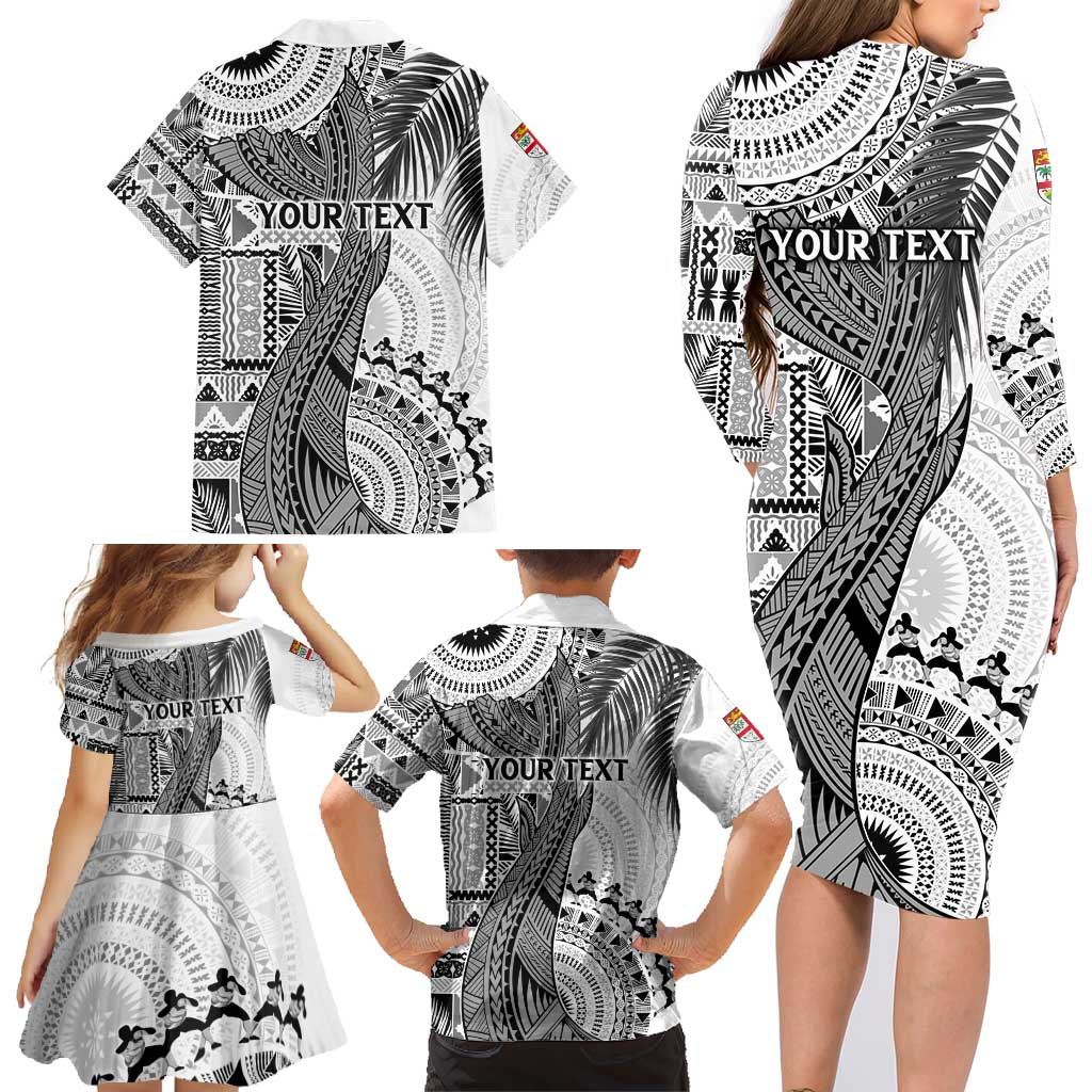 Fiji Rugby Personalised Bula Masi Family Matching Long Sleeve Bodycon Dress and Hawaiian Shirt Fish Tail Kaivity Cibi - White