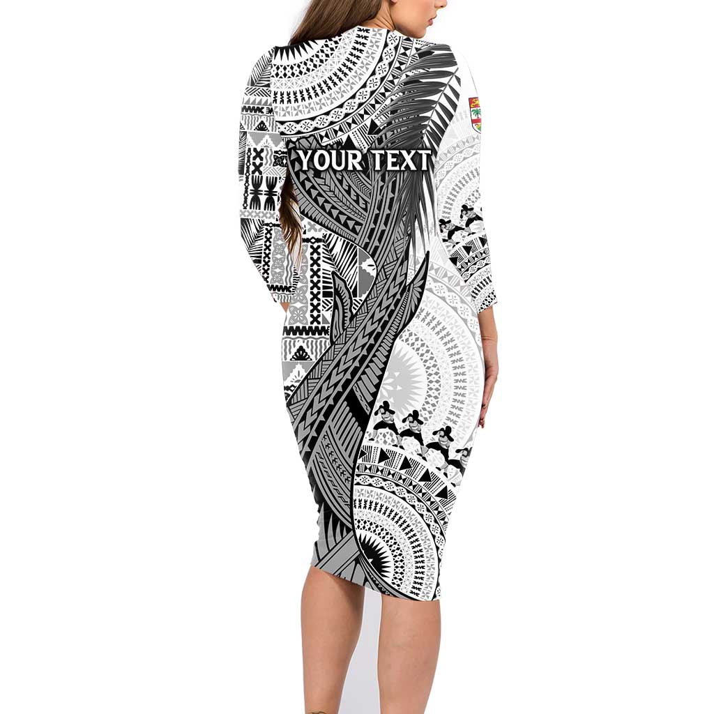 Fiji Rugby Personalised Bula Masi Family Matching Long Sleeve Bodycon Dress and Hawaiian Shirt Fish Tail Kaivity Cibi - White