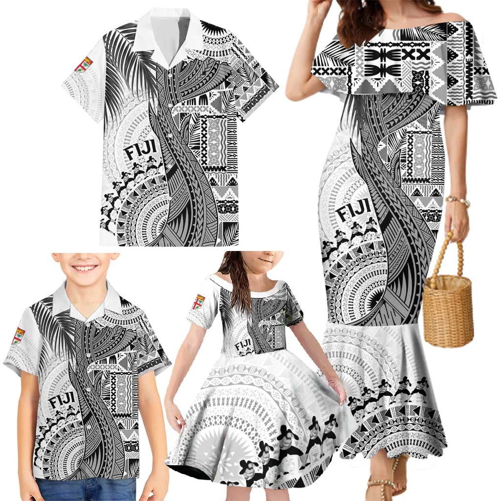 Fiji Rugby Personalised Bula Masi Family Matching Mermaid Dress and Hawaiian Shirt Fish Tail Kaivity Cibi - White