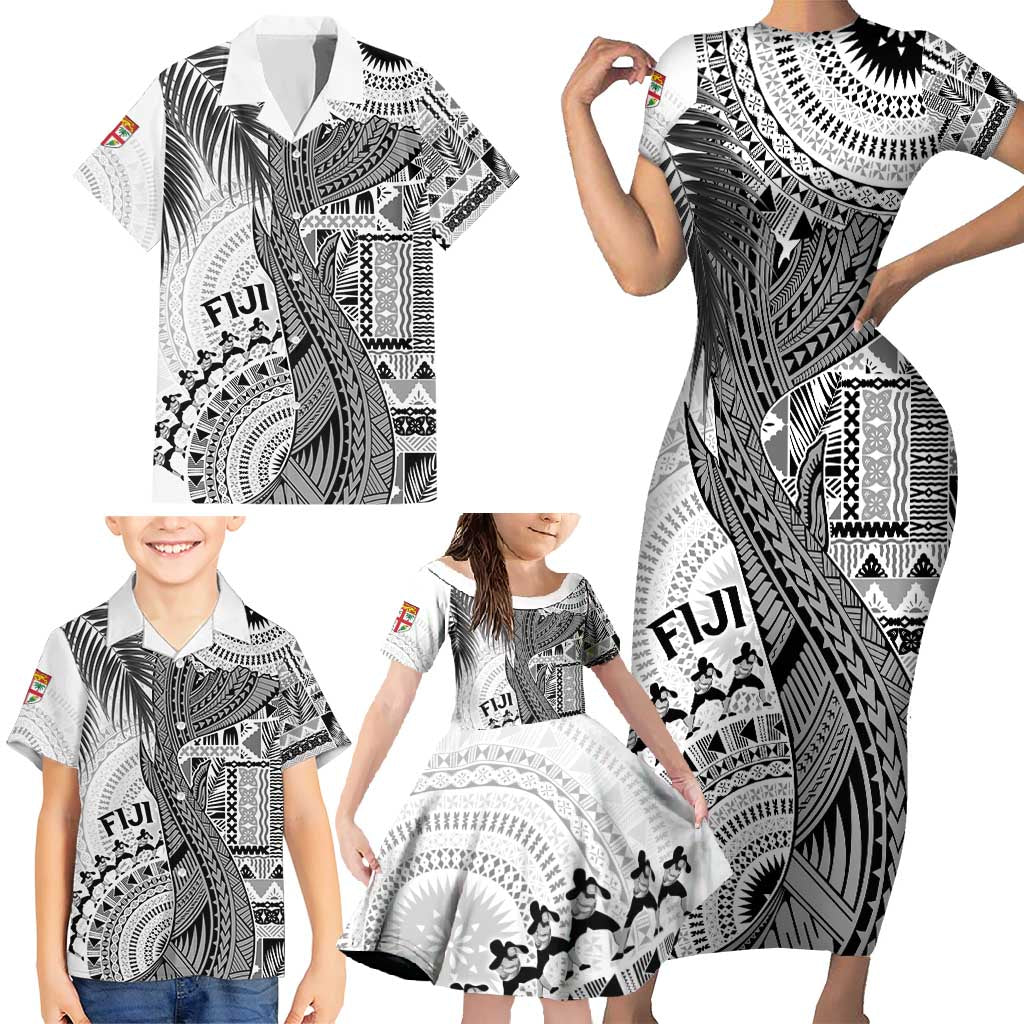 Fiji Rugby Personalised Bula Masi Family Matching Short Sleeve Bodycon Dress and Hawaiian Shirt Fish Tail Kaivity Cibi - White