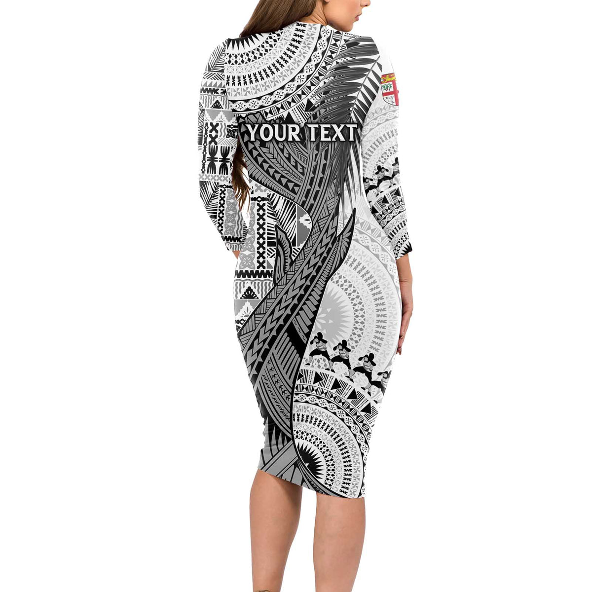 Fiji Rugby Personalised Bula Masi Long Sleeve Bodycon Dress Fish Tail Kaivity Cibi - White