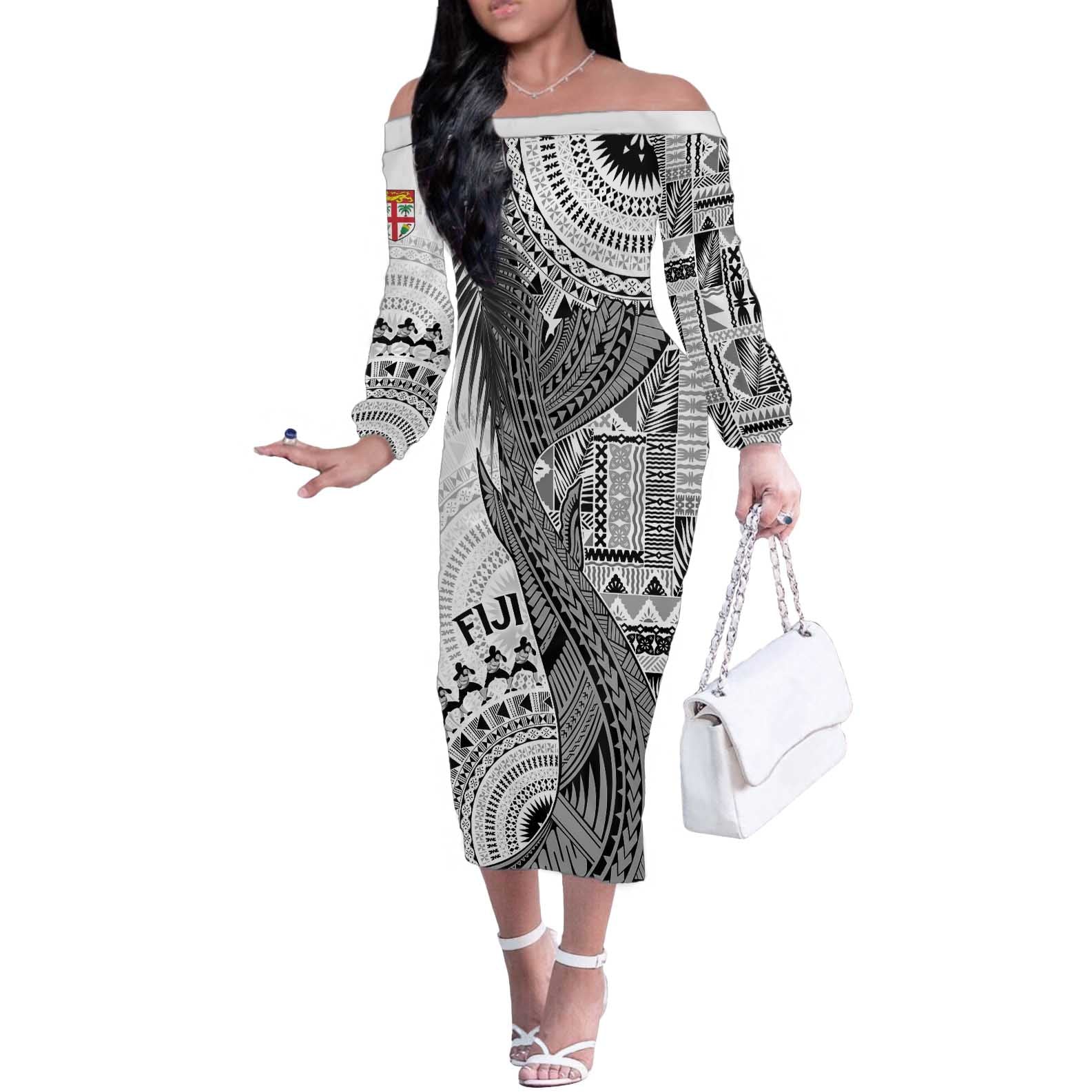 Fiji Rugby Personalised Bula Masi Off The Shoulder Long Sleeve Dress Fish Tail Kaivity Cibi - White