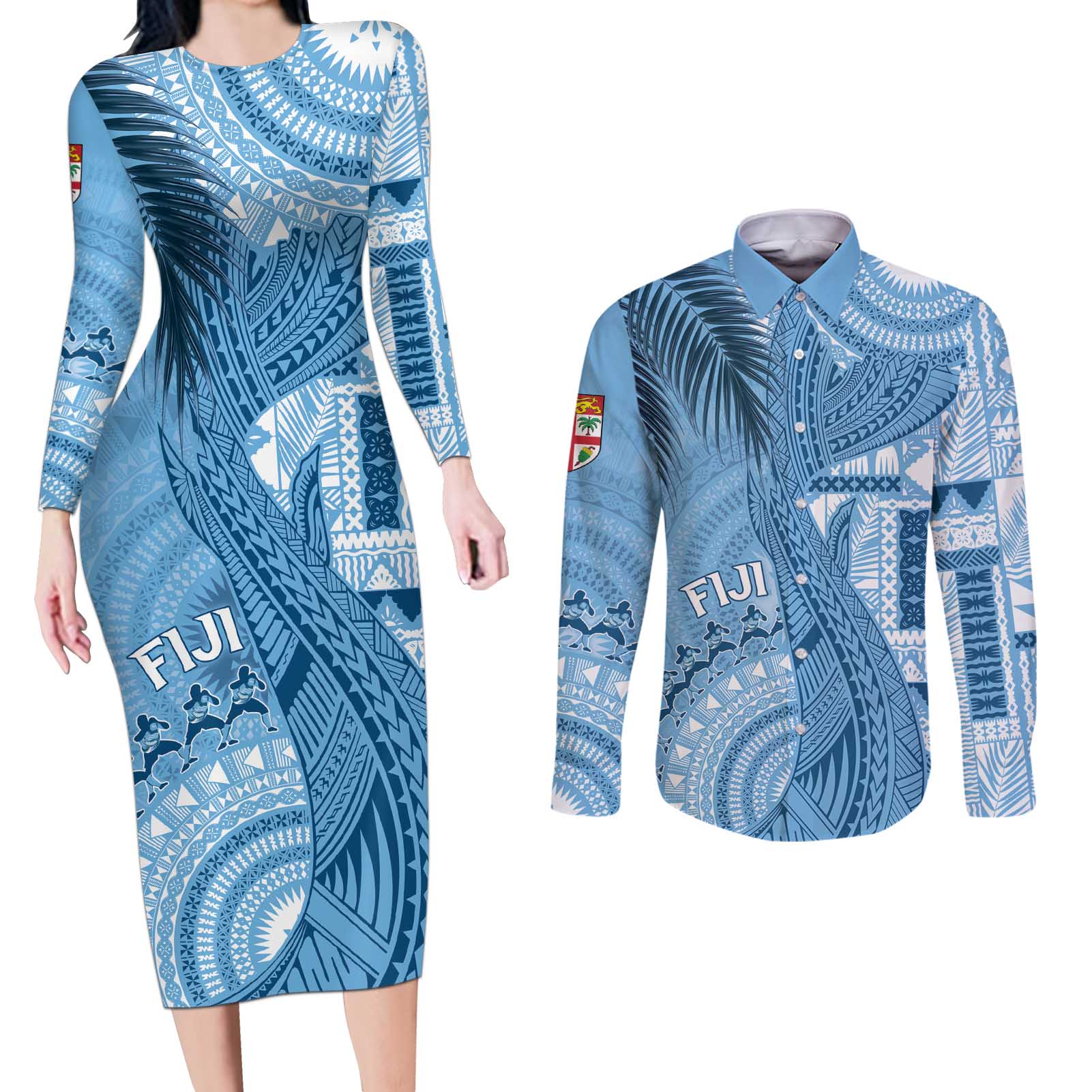 Fiji Rugby Personalised Bula Masi Couples Matching Long Sleeve Bodycon Dress and Long Sleeve Button Shirt Fish Tail Kaivity Cibi - Turquoise