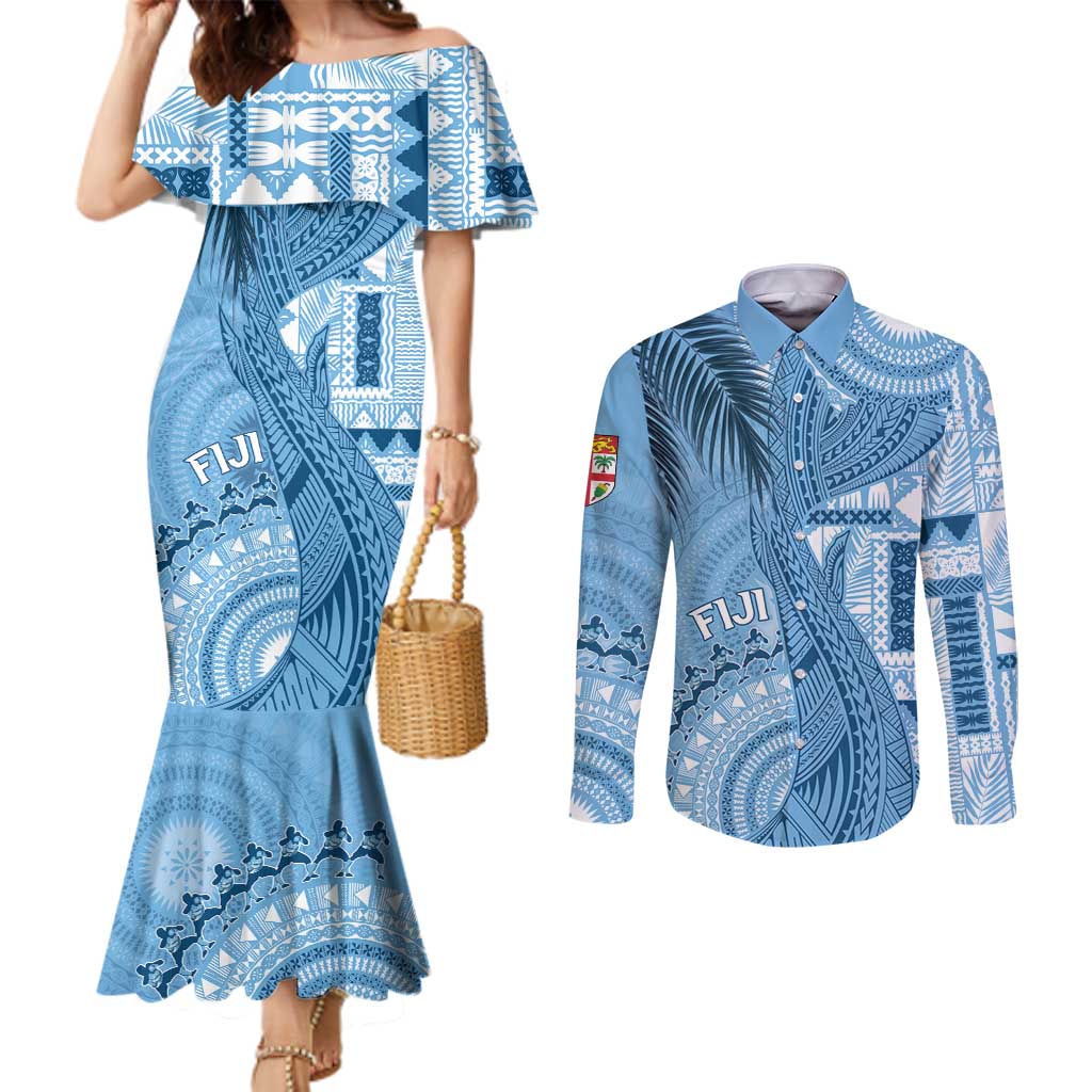 Fiji Rugby Personalised Bula Masi Couples Matching Mermaid Dress and Long Sleeve Button Shirt Fish Tail Kaivity Cibi - Turquoise