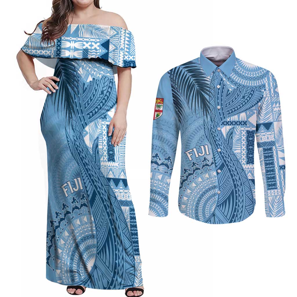 Fiji Rugby Personalised Bula Masi Couples Matching Off Shoulder Maxi Dress and Long Sleeve Button Shirt Fish Tail Kaivity Cibi - Turquoise