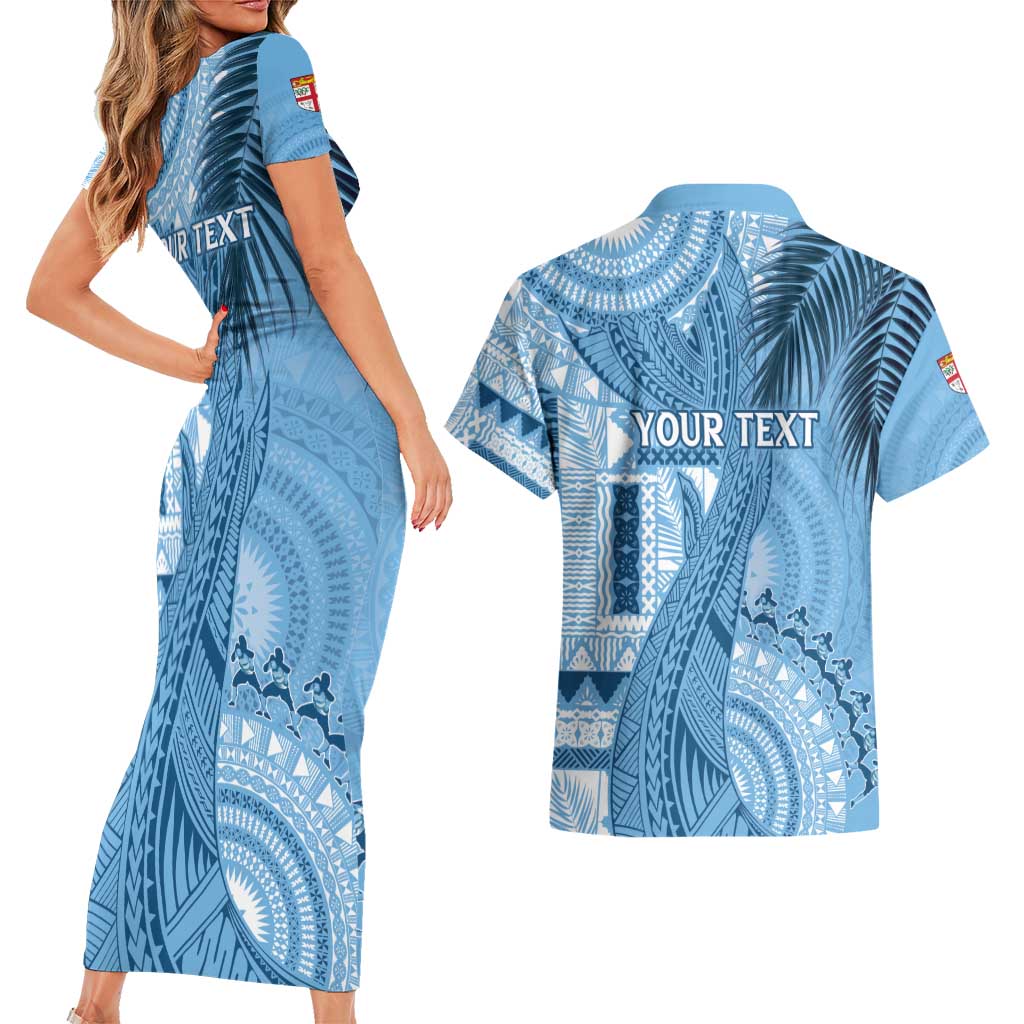 Fiji Rugby Personalised Bula Masi Couples Matching Short Sleeve Bodycon Dress and Hawaiian Shirt Fish Tail Kaivity Cibi - Turquoise