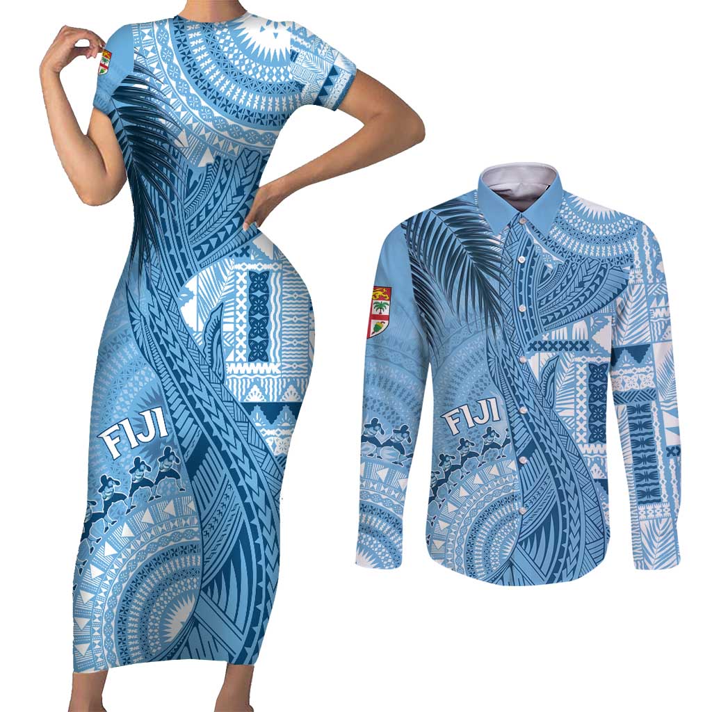 Fiji Rugby Personalised Bula Masi Couples Matching Short Sleeve Bodycon Dress and Long Sleeve Button Shirt Fish Tail Kaivity Cibi - Turquoise