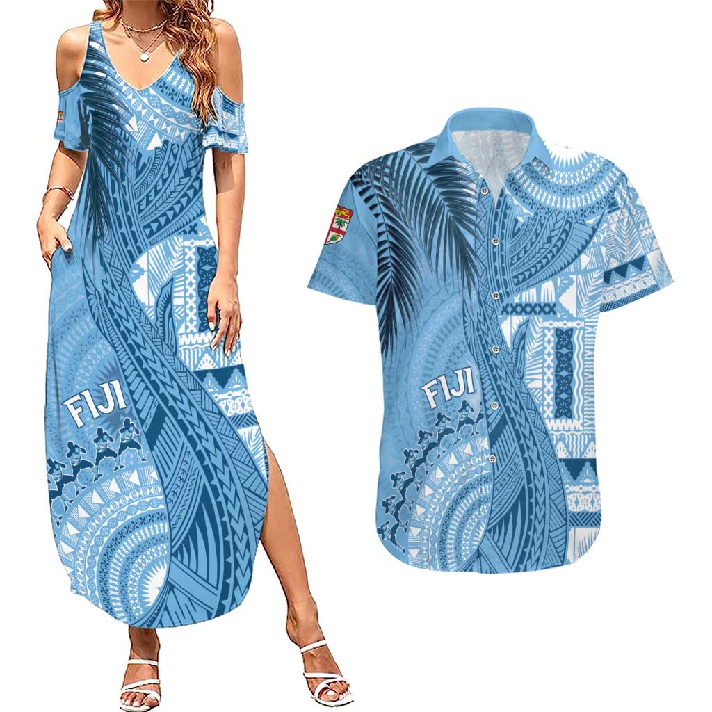 Fiji Rugby Personalised Bula Masi Couples Matching Summer Maxi Dress and Hawaiian Shirt Fish Tail Kaivity Cibi - Turquoise