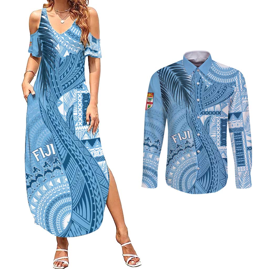 Fiji Rugby Personalised Bula Masi Couples Matching Summer Maxi Dress and Long Sleeve Button Shirt Fish Tail Kaivity Cibi - Turquoise