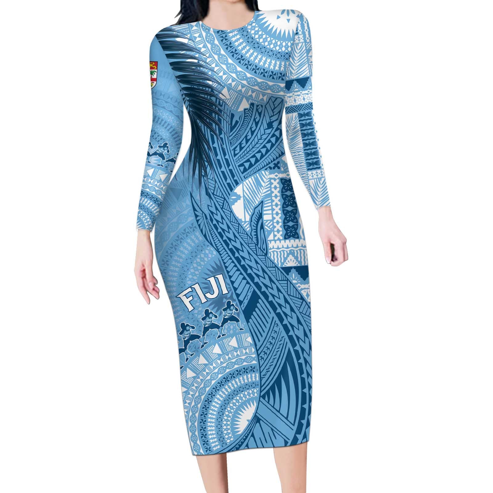 Fiji Rugby Personalised Bula Masi Long Sleeve Bodycon Dress Fish Tail Kaivity Cibi - Turquoise