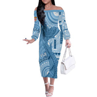 Fiji Rugby Personalised Bula Masi Off The Shoulder Long Sleeve Dress Fish Tail Kaivity Cibi - Turquoise