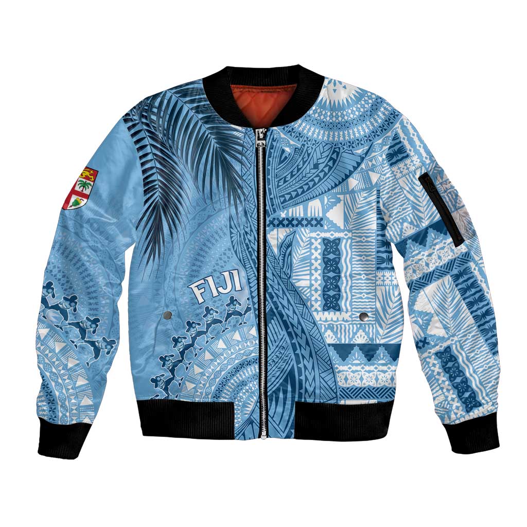 Fiji Rugby Personalised Bula Masi Sleeve Zip Bomber Jacket Fish Tail Kaivity Cibi - Turquoise