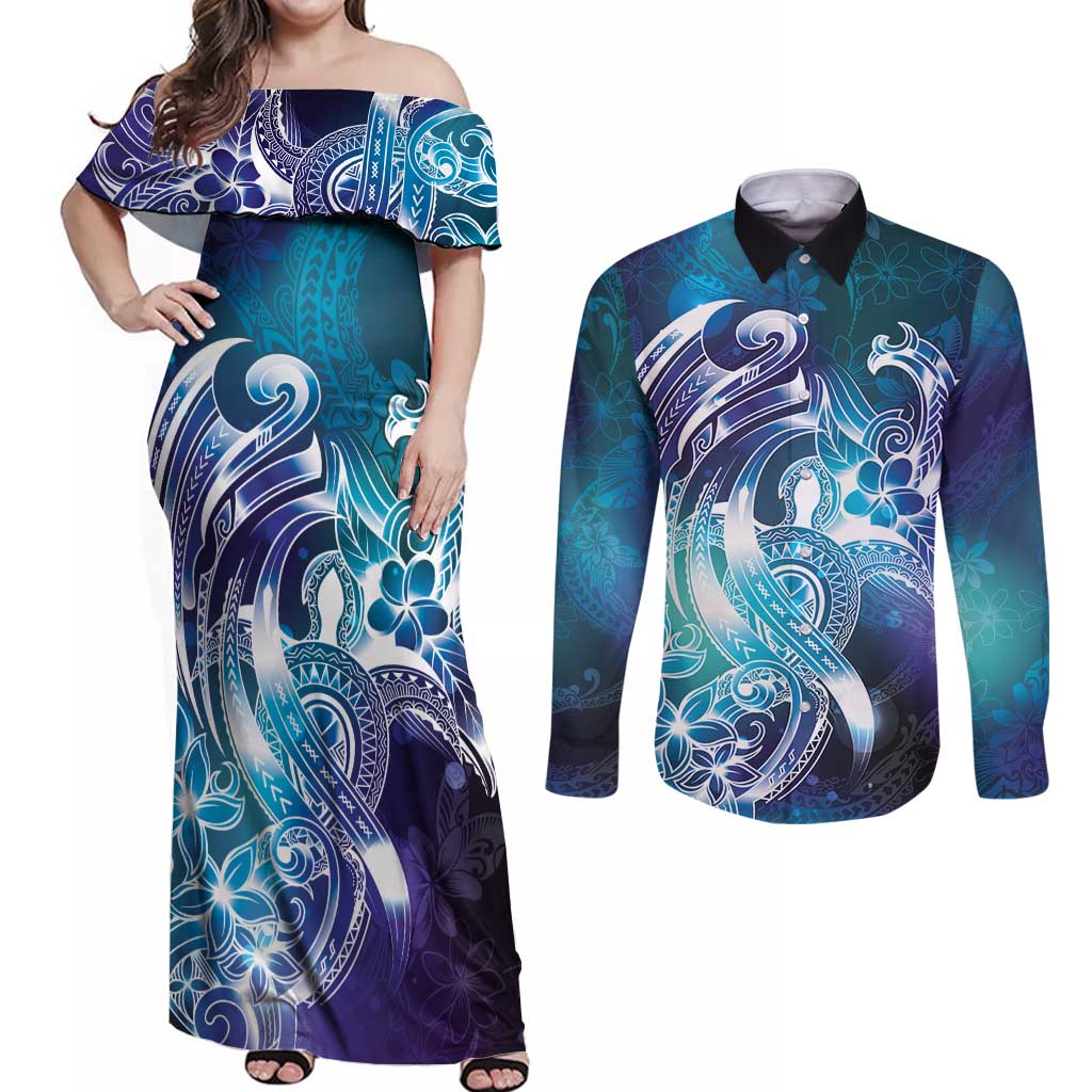 Aloha Hawaii Turtle Couples Matching Off Shoulder Maxi Dress and Long Sleeve Button Shirt Teal Purple Ribbon LT7 Purple Teal - Polynesian Pride