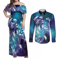 Aloha Hawaii Turtle Couples Matching Off Shoulder Maxi Dress and Long Sleeve Button Shirt Teal Purple Ribbon LT7 Purple Teal - Polynesian Pride