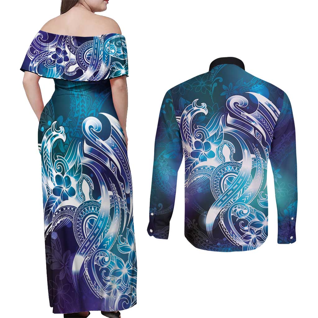 Aloha Hawaii Turtle Couples Matching Off Shoulder Maxi Dress and Long Sleeve Button Shirt Teal Purple Ribbon LT7 - Polynesian Pride