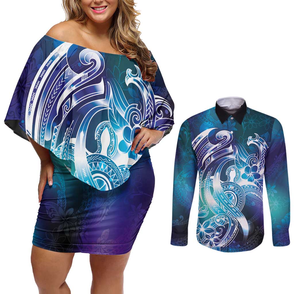 Aloha Hawaii Turtle Couples Matching Off Shoulder Short Dress and Long Sleeve Button Shirt Teal Purple Ribbon LT7 Purple Teal - Polynesian Pride