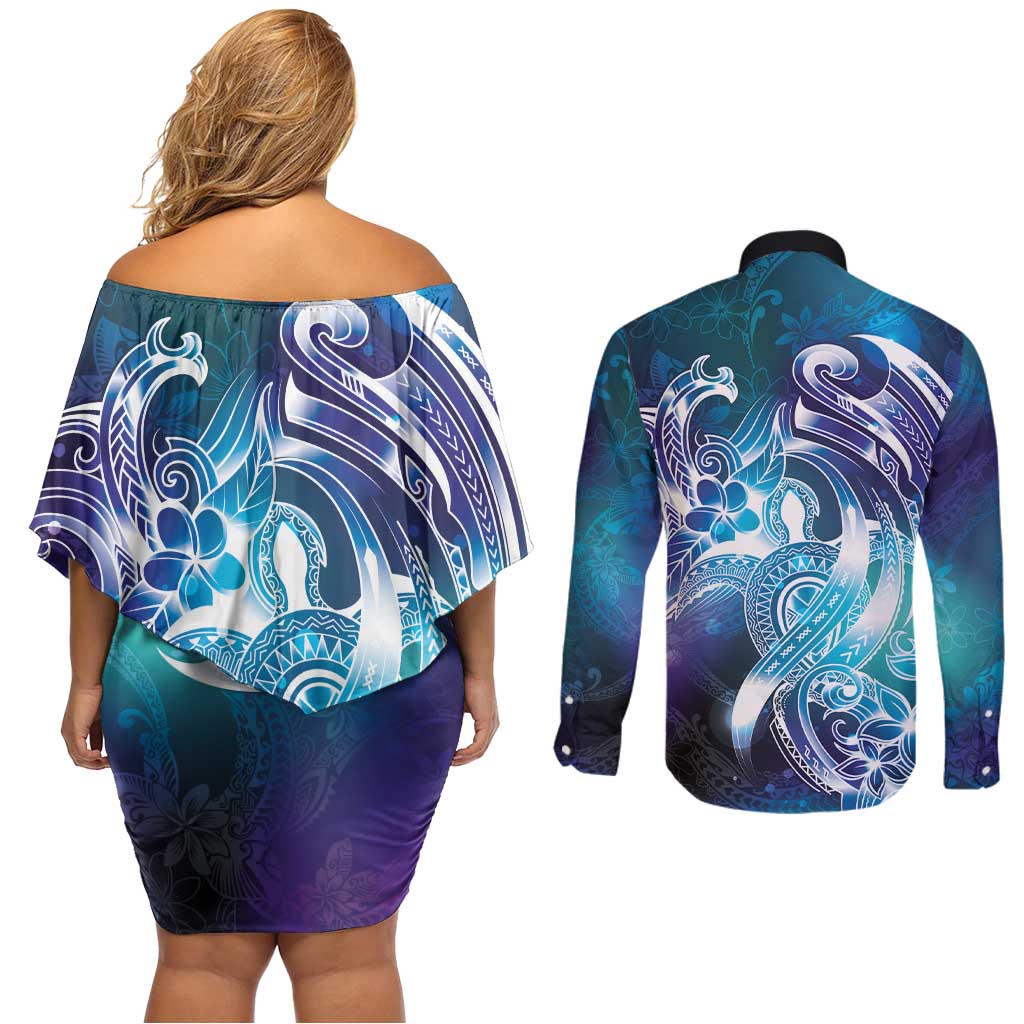 Aloha Hawaii Turtle Couples Matching Off Shoulder Short Dress and Long Sleeve Button Shirt Teal Purple Ribbon LT7 - Polynesian Pride
