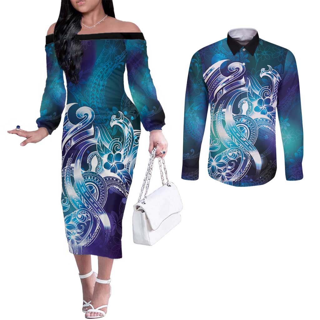 Aloha Hawaii Turtle Couples Matching Off The Shoulder Long Sleeve Dress and Long Sleeve Button Shirt Teal Purple Ribbon - Polynesian Pride