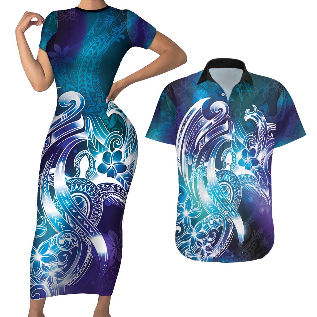 Aloha Hawaii Turtle Couples Matching Short Sleeve Bodycon Dress and Hawaiian Shirt Teal Purple Ribbon LT7 Purple Teal - Polynesian Pride