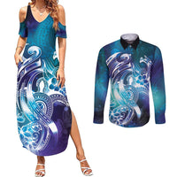 Aloha Hawaii Turtle Couples Matching Summer Maxi Dress and Long Sleeve Button Shirt Teal Purple Ribbon LT7 Purple Teal - Polynesian Pride