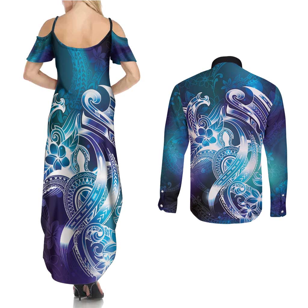 Aloha Hawaii Turtle Couples Matching Summer Maxi Dress and Long Sleeve Button Shirt Teal Purple Ribbon LT7 - Polynesian Pride