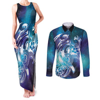 Aloha Hawaii Turtle Couples Matching Tank Maxi Dress and Long Sleeve Button Shirt Teal Purple Ribbon LT7 Purple Teal - Polynesian Pride