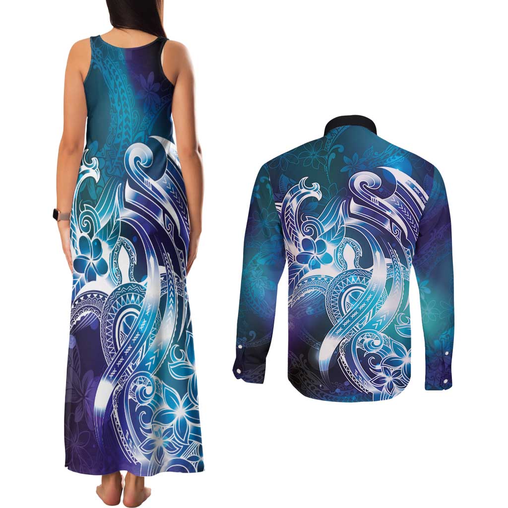 Aloha Hawaii Turtle Couples Matching Tank Maxi Dress and Long Sleeve Button Shirt Teal Purple Ribbon LT7 - Polynesian Pride