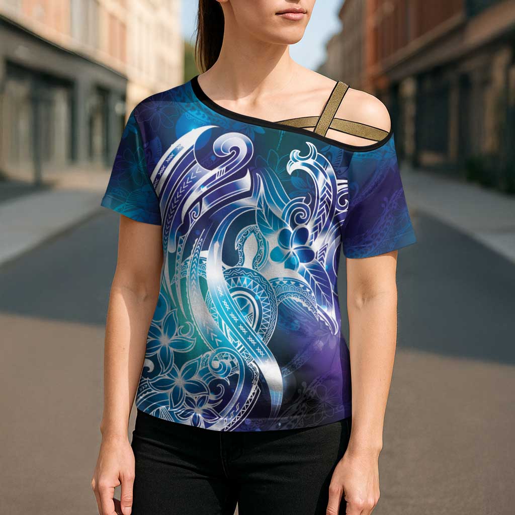 Aloha Hawaii Turtle Cross Shoulder Shirt Teal Purple Ribbon LT7 - Polynesian Pride
