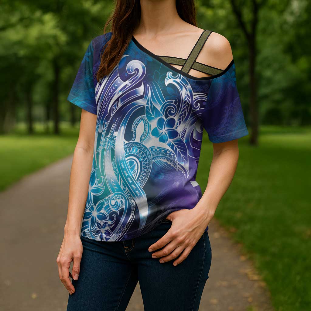 Aloha Hawaii Turtle Cross Shoulder Shirt Teal Purple Ribbon LT7 - Polynesian Pride