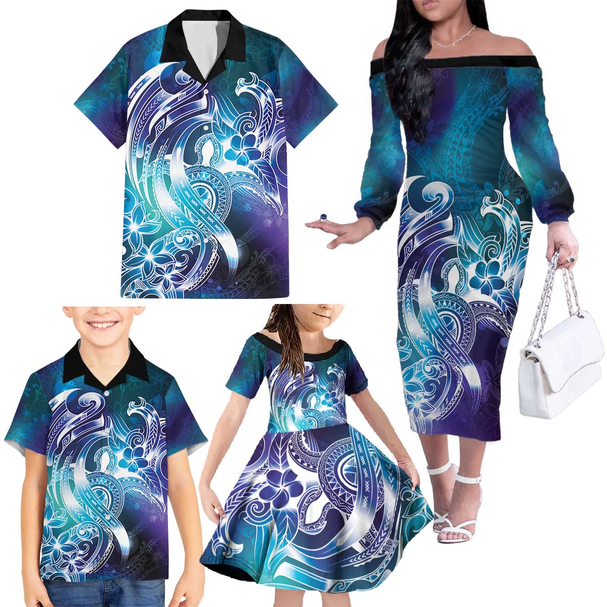 Aloha Hawaii Turtle Family Matching Off The Shoulder Long Sleeve Dress and Hawaiian Shirt Teal Purple Ribbon LT7 - Polynesian Pride