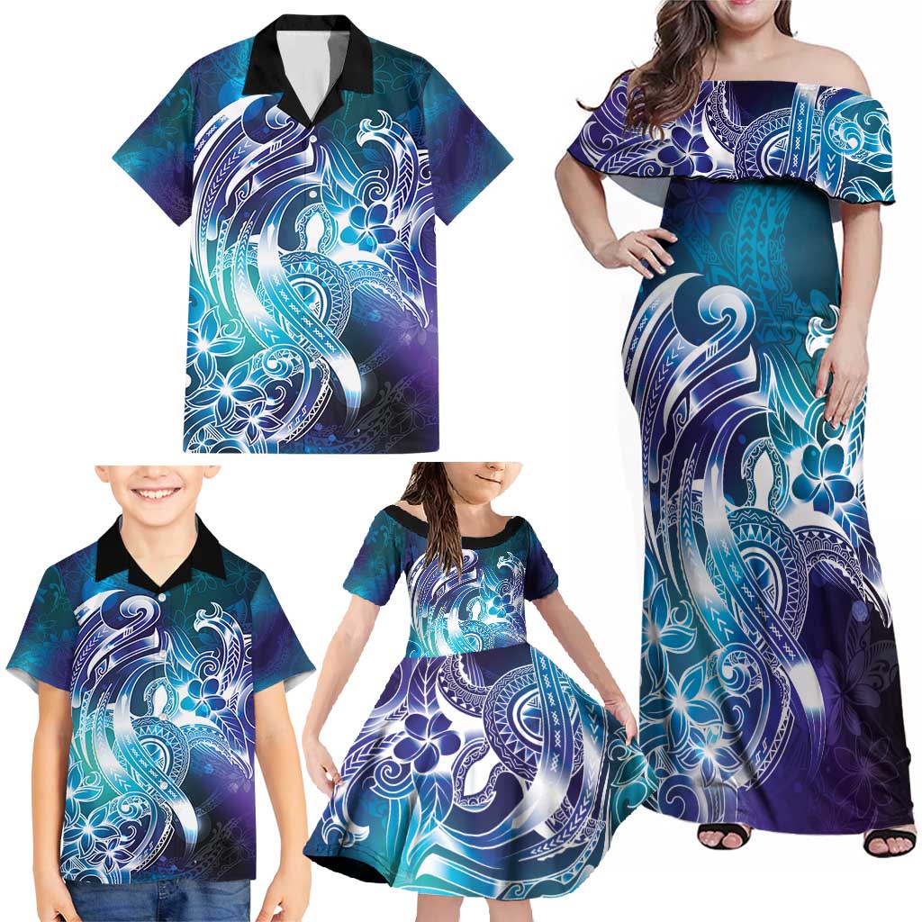 Aloha Hawaii Turtle Family Matching Off Shoulder Maxi Dress and Hawaiian Shirt Teal Purple Ribbon LT7 - Polynesian Pride
