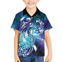 Aloha Hawaii Turtle Family Matching Off Shoulder Maxi Dress and Hawaiian Shirt Teal Purple Ribbon - Polynesian Pride
