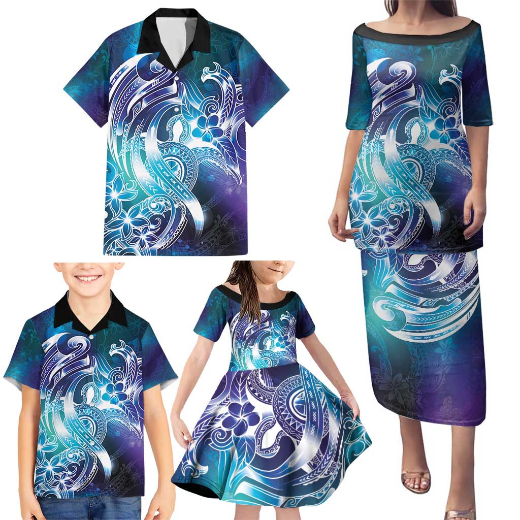 Aloha Hawaii Turtle Family Matching Puletasi and Hawaiian Shirt Teal Purple Ribbon LT7 - Polynesian Pride